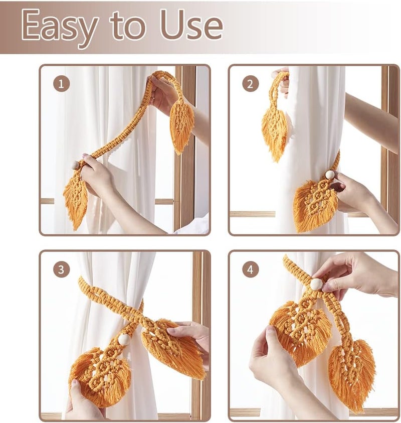 Sunkaioo 2 Pack Boho Curtain Tiebacks,Hand Knitting Cotton Curtain Holdbacks with Adjustable Natural Wooden Bead,Double Leaves Farmhouse Theme Curtain Tie Backs, for Indoor Outdoor Drapes Decorative,(Orange) - Image 5